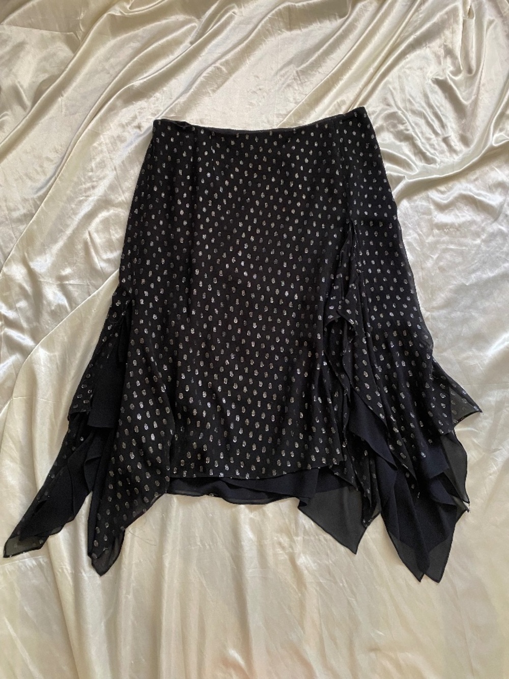 Vintage y2k Black Silver Metallic Silk Polka Dot Asymmetrical Fairy Skirt 12
